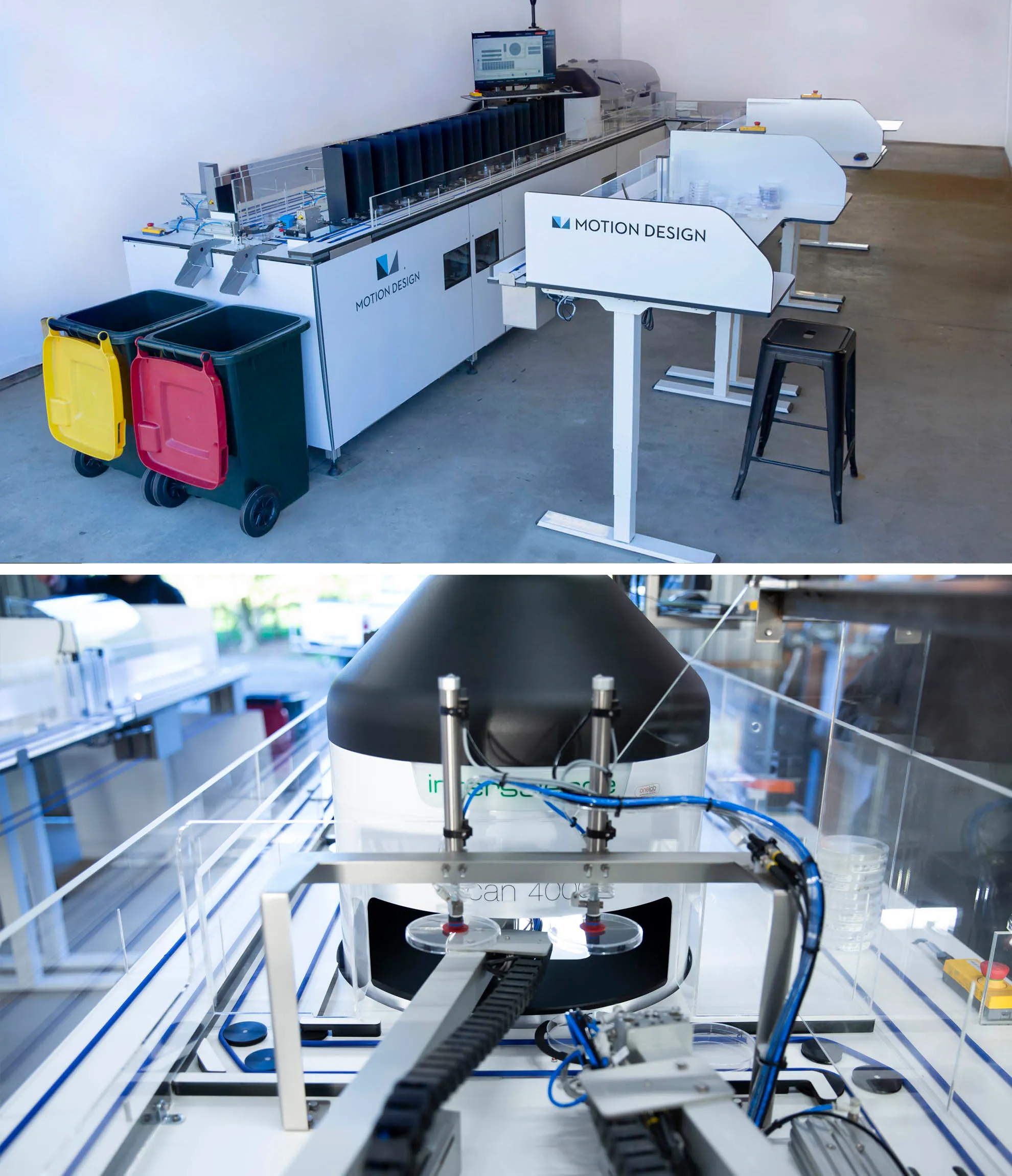 Motion Design Colony Counting system, that automates Petri dish samples and presents them to a colony count reader.